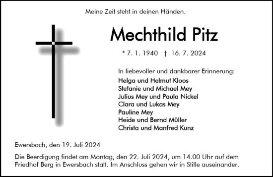 Traueranzeige von Mechthild Pitz von Dill Block