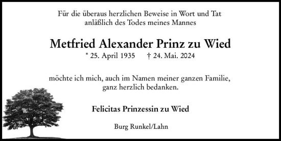 Traueranzeige von Metfried zu Wied von Nassauische Neue Presse