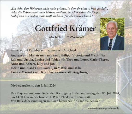 Traueranzeige von Gottfried Krämer von Nassauische Neue Presse
