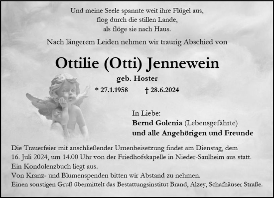 Traueranzeige von Ottilie Jennewein von Allgemeine Zeitung Mainz