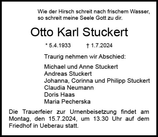 Traueranzeige von Otto Karl Stuckert von Darmstädter Echo