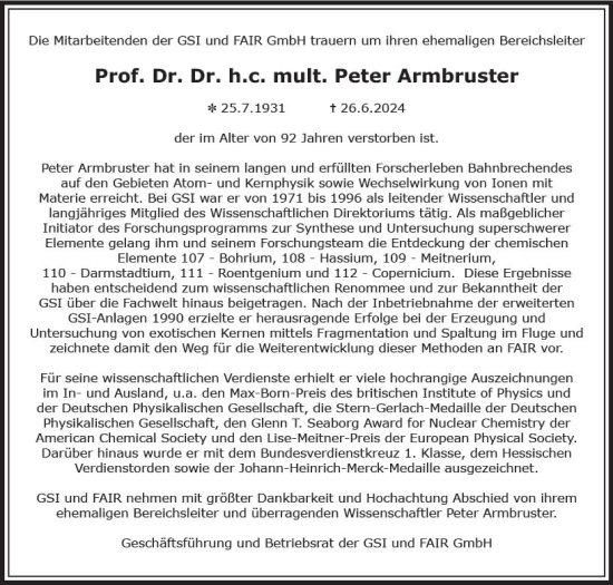 Traueranzeige von Peter Armbruster von Darmstädter Echo