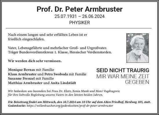 Traueranzeige von Peter Armbruster von Darmstädter Echo