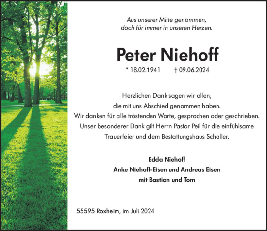Traueranzeige von Peter Niehoff von Allgemeine Zeitung Rheinhessen-Nahe