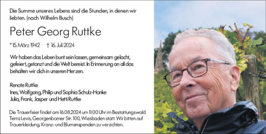 Traueranzeige von Peter Georg Ruttke von Wiesbadener Kurier