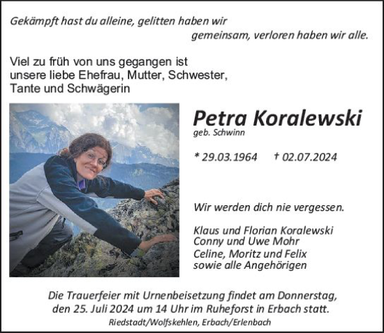 Traueranzeige von Petra Koralewski von Odenwälder Echo