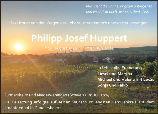 Traueranzeige von Philipp Huppert von Allgemeine Zeitung Alzey