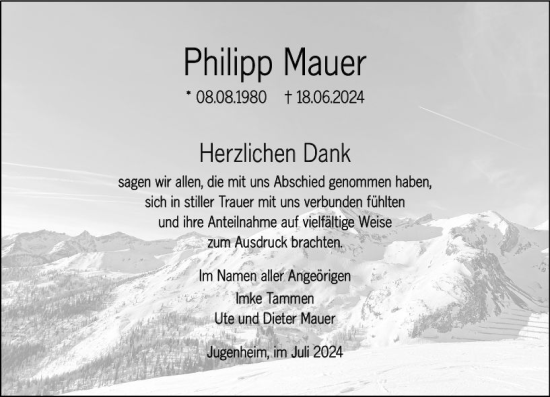Traueranzeige von Philipp Mauer von Allgemeine Zeitung Mainz