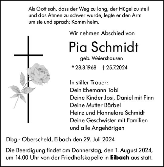 Traueranzeige von Pia Schmidt von Dill Block