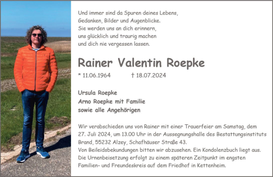 Traueranzeige von Rainer Valentin Roepke von Allgemeine Zeitung Alzey