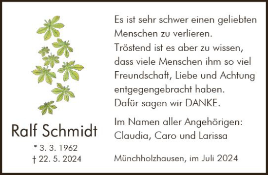Traueranzeige von Ralf Schmidt von Wetzlarer Neue Zeitung