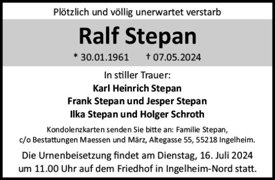 Traueranzeige von Ralf Stepan von Allgemeine Zeitung Rheinhessen-Nahe