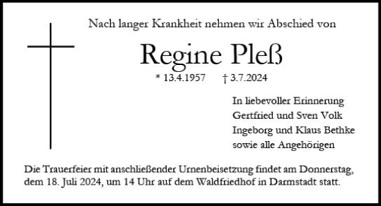 Traueranzeige von Regine Pleß von Darmstädter Echo