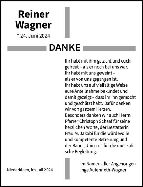 Traueranzeige von Reiner Wagner von Wetzlarer Neue Zeitung