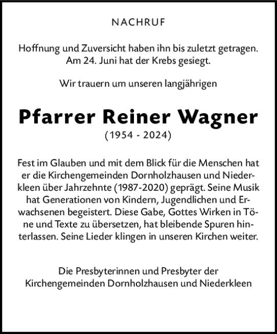 Traueranzeige von Reiner Wagner von Wetzlarer Neue Zeitung