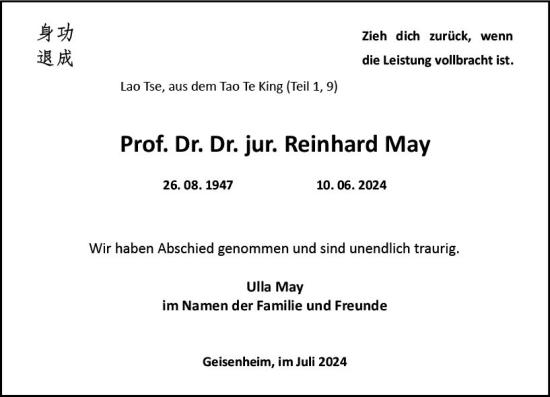 Traueranzeige von Reinhard May von Wiesbadener Kurier