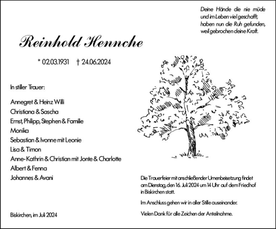 Traueranzeige von Reinhold Hennche von Wetzlarer Neue Zeitung