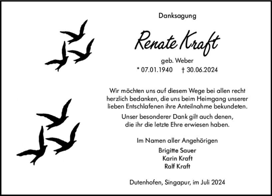 Traueranzeige von Renate Kraft von Wetzlarer Neue Zeitung