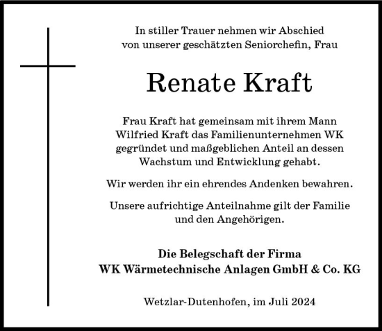 Traueranzeige von Renate Kraft von Wetzlarer Neue Zeitung