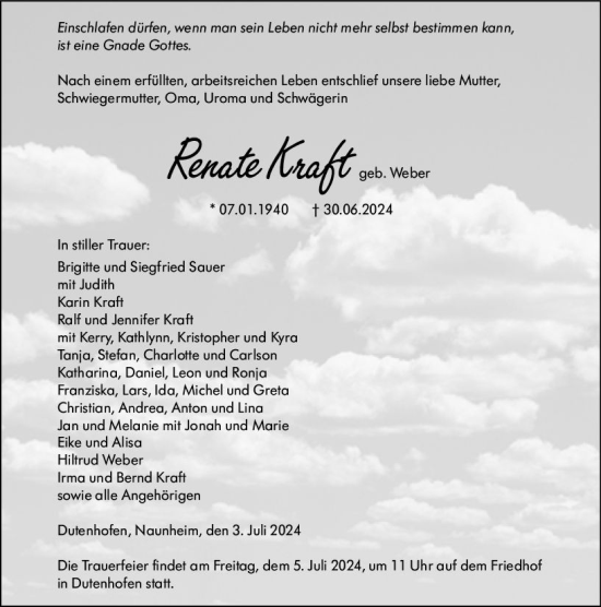 Traueranzeige von Renate Kraft von Wetzlarer Neue Zeitung