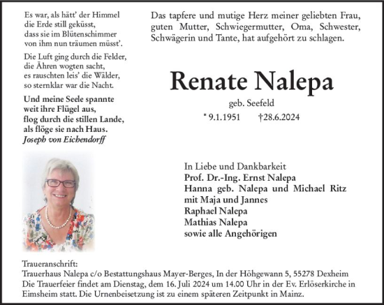 Traueranzeige von Renate Nalepa von Allgemeine Zeitung Mainz