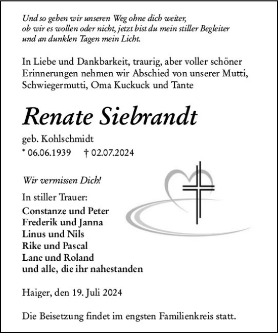 Traueranzeige von Renate Siebrandt von Dill Block