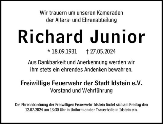 Traueranzeige von Richard Junior von Idsteiner Land/Untertaunus