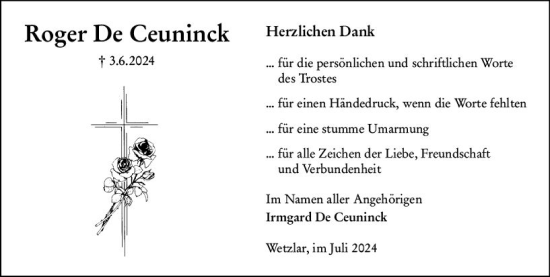 Traueranzeige von Roger De Ceuninck von Wetzlarer Neue Zeitung