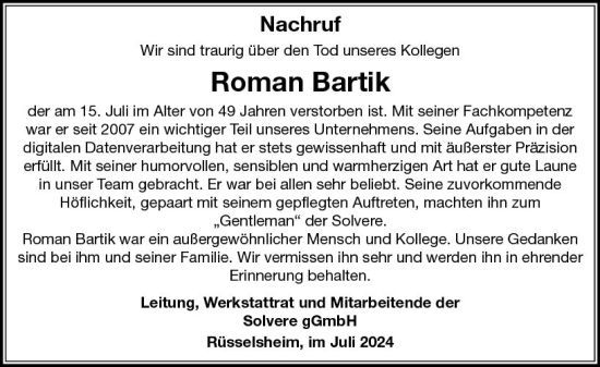 Traueranzeige von Roman Bartik von Rüsselsheimer Echo