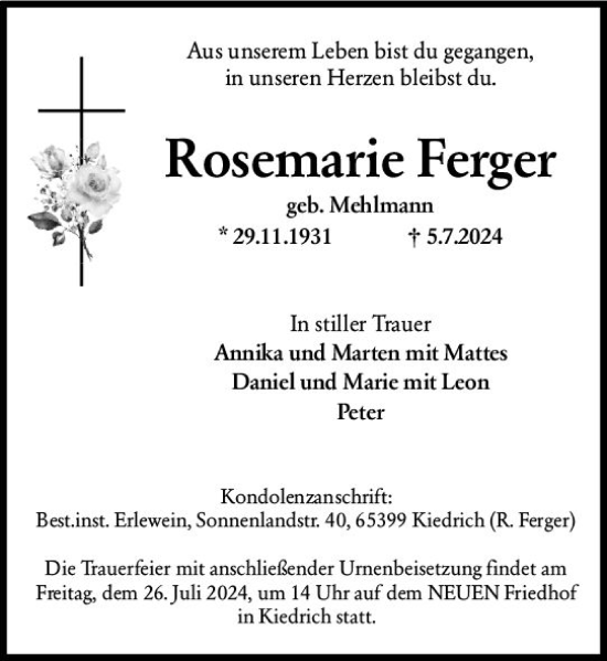 Traueranzeige von Rosemarie Ferger von Rheingau Kurier