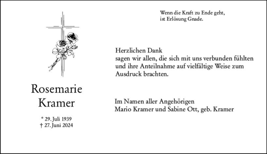 Traueranzeige von Rosemarie Kramer von Weilburger Tageblatt