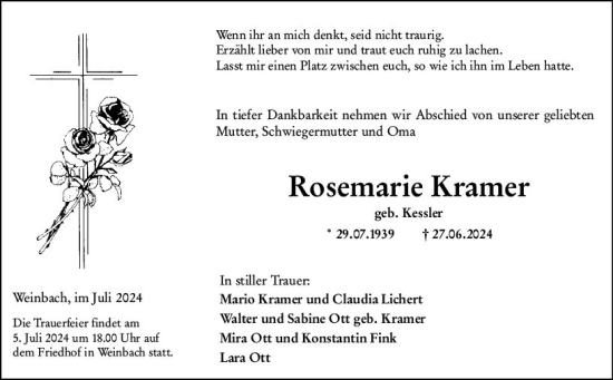 Traueranzeige von Rosemarie Kramer von Weilburger Tageblatt