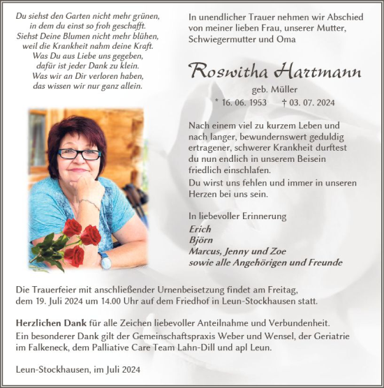 Traueranzeige von Roswitha Hartmann von Wetzlarer Neue Zeitung