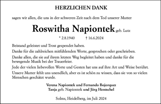 Traueranzeige von Roswitha Napiontek von Wetzlarer Neue Zeitung