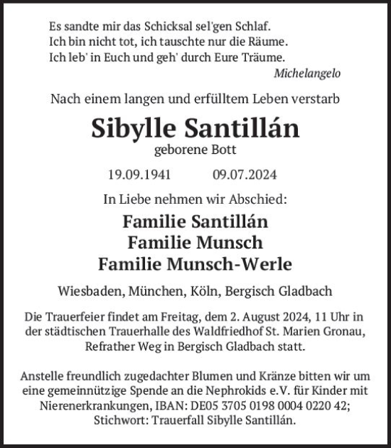 Traueranzeige von Sibylle Santillan von Wiesbadener Kurier