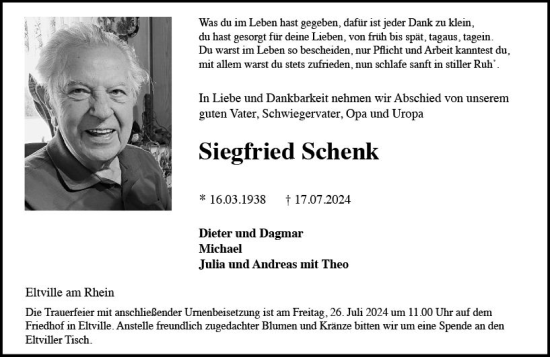 Traueranzeige von Siegfried Schenk von Rheingau Kurier