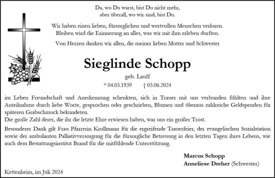 Traueranzeige von Sieglinde Schopp von Allgemeine Zeitung Alzey