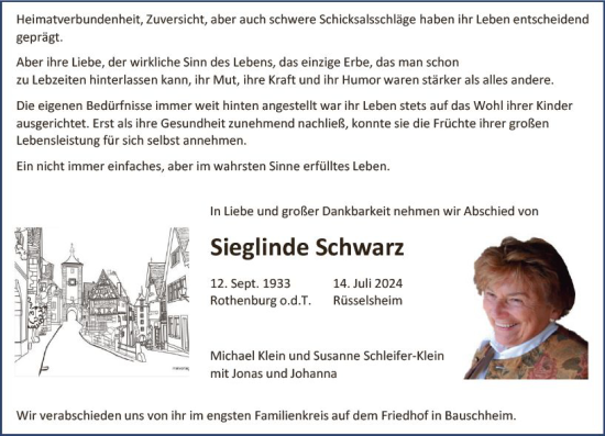 Traueranzeige von Sieglinde Schwarz von Rüsselsheimer Echo