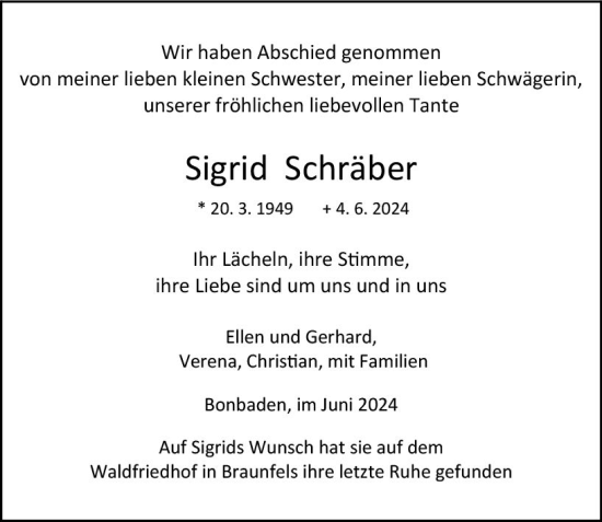 Traueranzeige von Sigrid Schräber von Wetzlarer Neue Zeitung