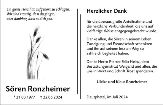 Traueranzeige von Sören Ronzheimer von Hinterländer Anzeiger