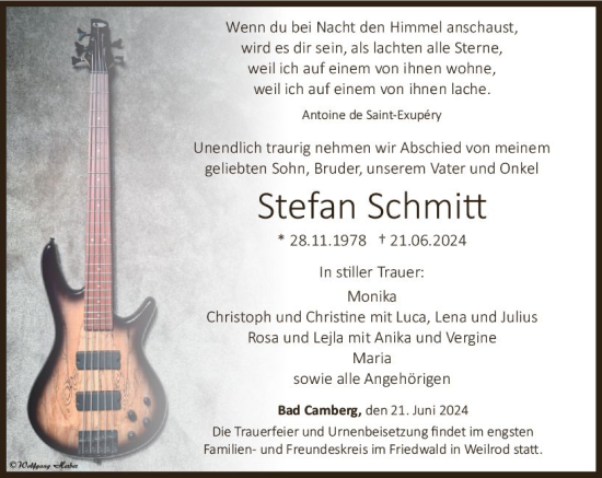 Traueranzeige von Stefan Schmitt von Camberger Anzeiger