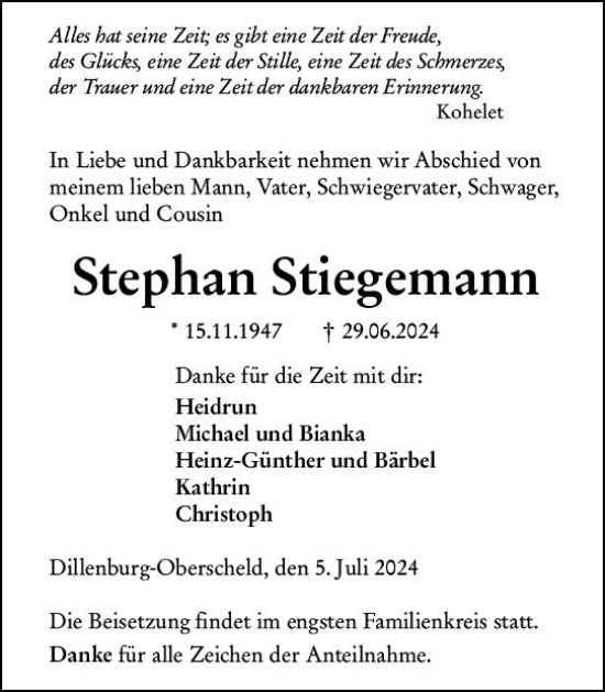 Traueranzeige von Stephan Stiegemann von Dill Block