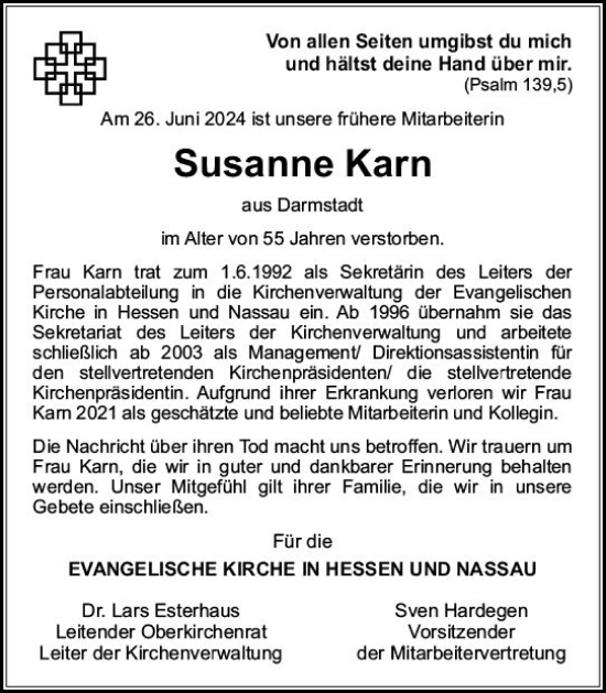 Traueranzeige von Susanne Karn von Darmstädter Echo