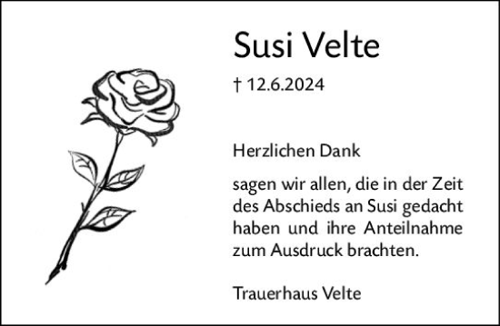 Traueranzeige von Susi Velte von Hinterländer Anzeiger