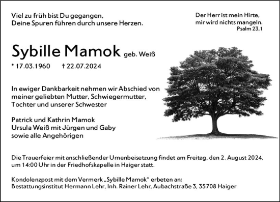 Traueranzeige von Sybille Mamok von Dill Block