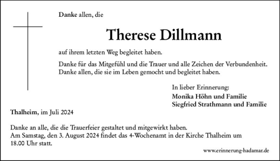 Traueranzeige von Therese Dillmann von Nassauische Neue Presse