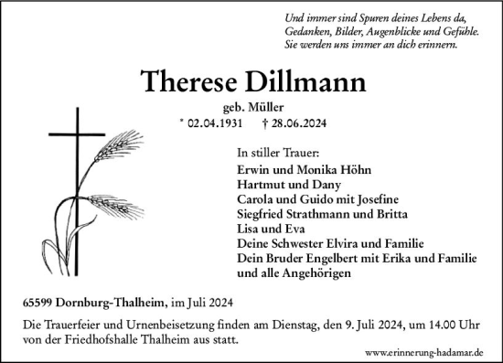 Traueranzeige von Therese Dillmann von Nassauische Neue Presse