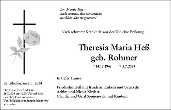 Traueranzeige von Theresia Maria Heß von Darmstädter Echo