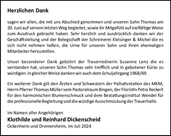 Traueranzeige von Thomas Dickenscheid von Allgemeine Zeitung Rheinhessen-Nahe
