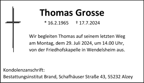 Traueranzeige von Thomas Grosse von Allgemeine Zeitung Alzey